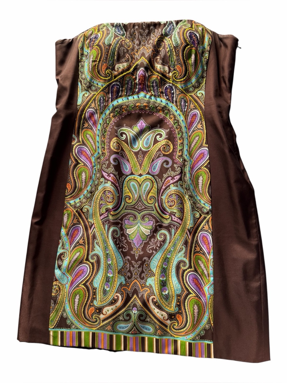 Theia Strapless Paisley Print Cocktail Dress in Brown, Turquoise, Green, Purple